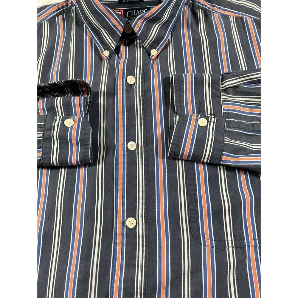 2 Chaps Mens Easy Care Striped Button Down Shirt L/G Blue Orange White